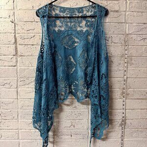 Jastie Boho Crochet Open Front Vest – Blue Lace Duster Layering Top